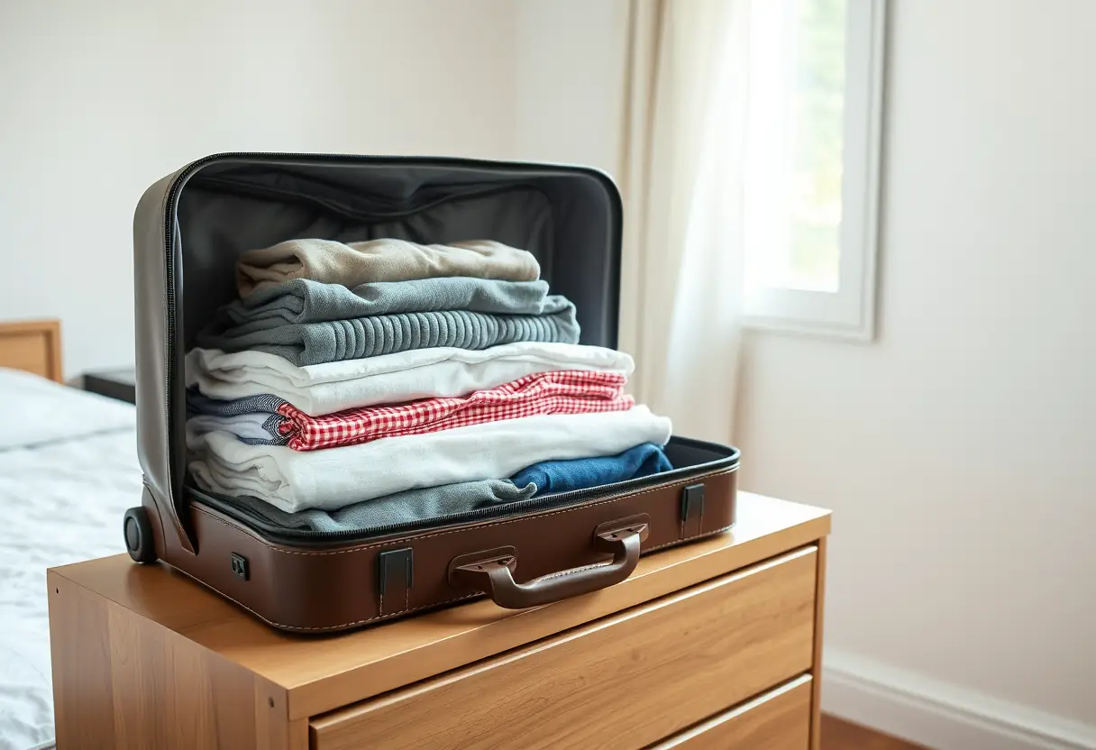 Des vêtements pliés soigneusement empilés à l'intérieur d'une valise ouverte sur un meuble de chevet, éclairés par la lumière du jour qui entre par la fenêtre