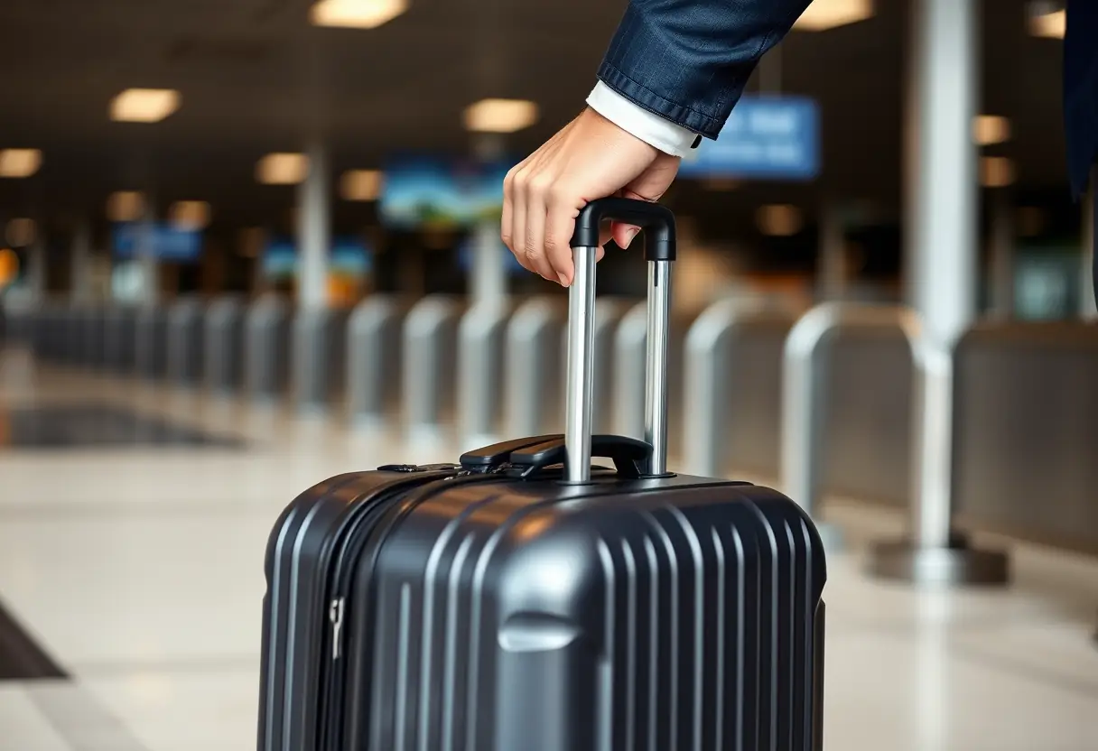 La main d'un voyageur ajuste la poignée télescopique d'une valise de taille moyenne à proximité d'un guichet d'aéroport.