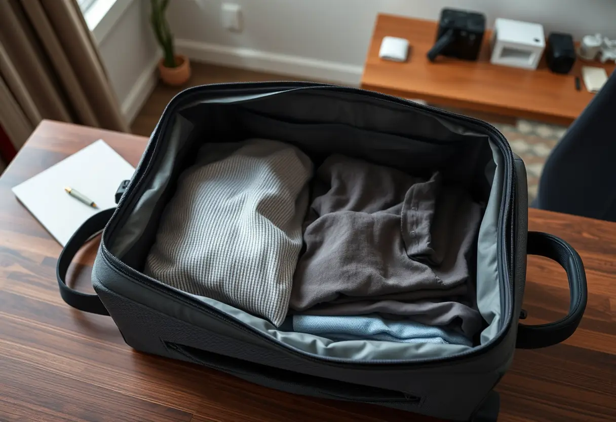 Un compartiment de tissu rectangulaire à l'intérieur d'une valise cabine, partiellement ouvert pour révéler des vêtements pliés avec soin, posée sur un bureau en bois