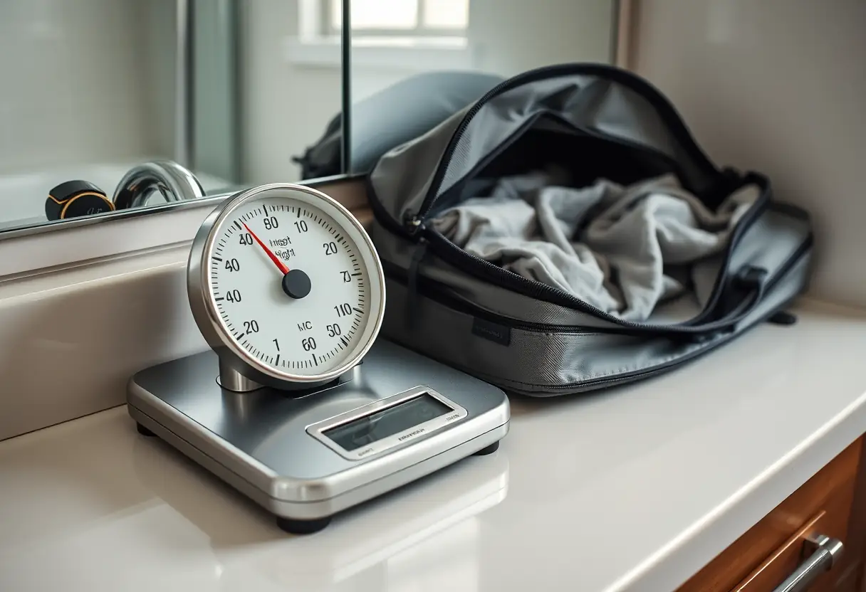 Un échelle métallique pour bagages reposant sur un meuble de toilette, montrant une indication de poids, à côté d'une valise cabine à coque souple semi-ouverte
