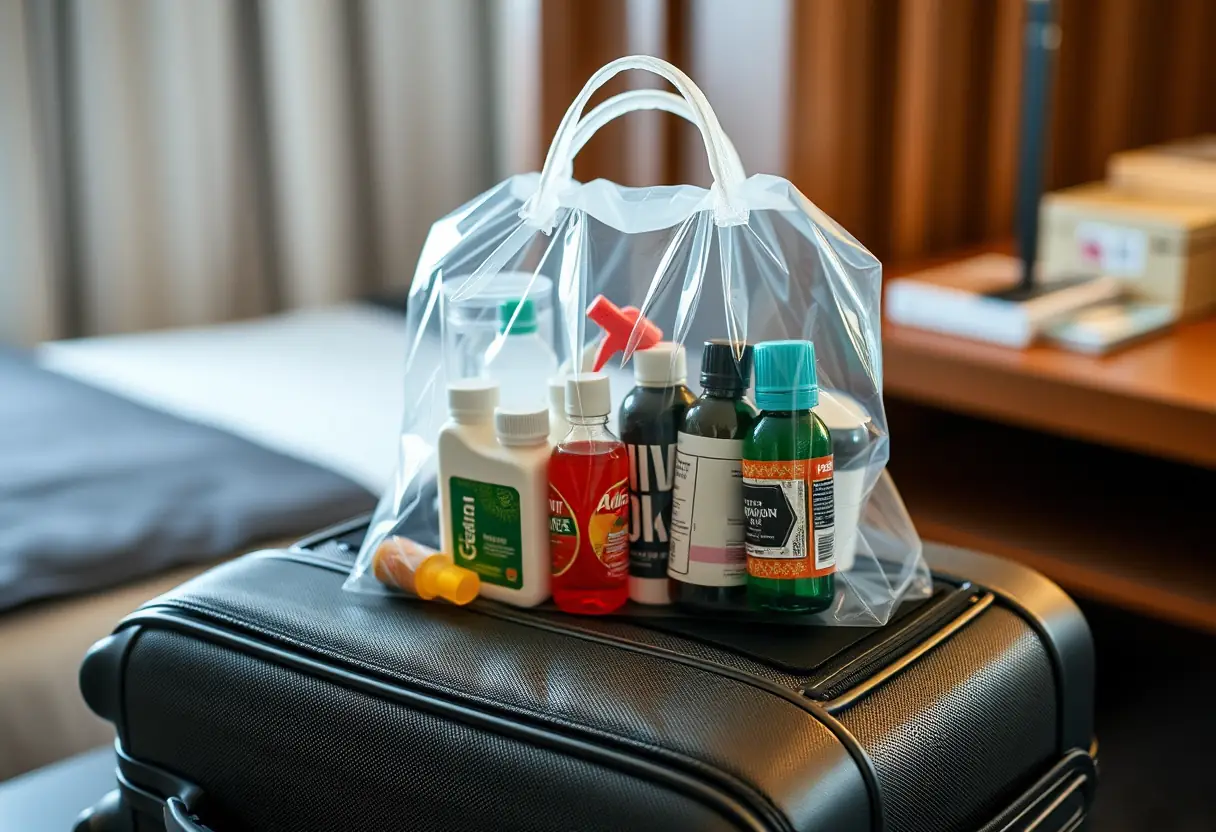 Un sac en plastique transparent rempli de petites bouteilles et contenants posé sur un bureau d'hôtel, à côté d'une valise cabine bien rangée
