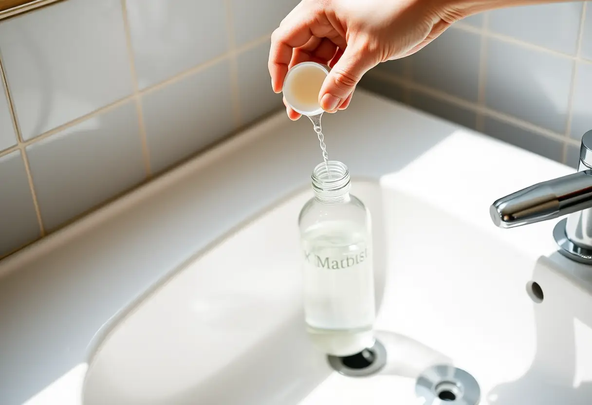 Une main verse du liquide d'un petit conteneur cylindrique dans une bouteille en plastique transparente posée sur un lavabo de salle de bains
