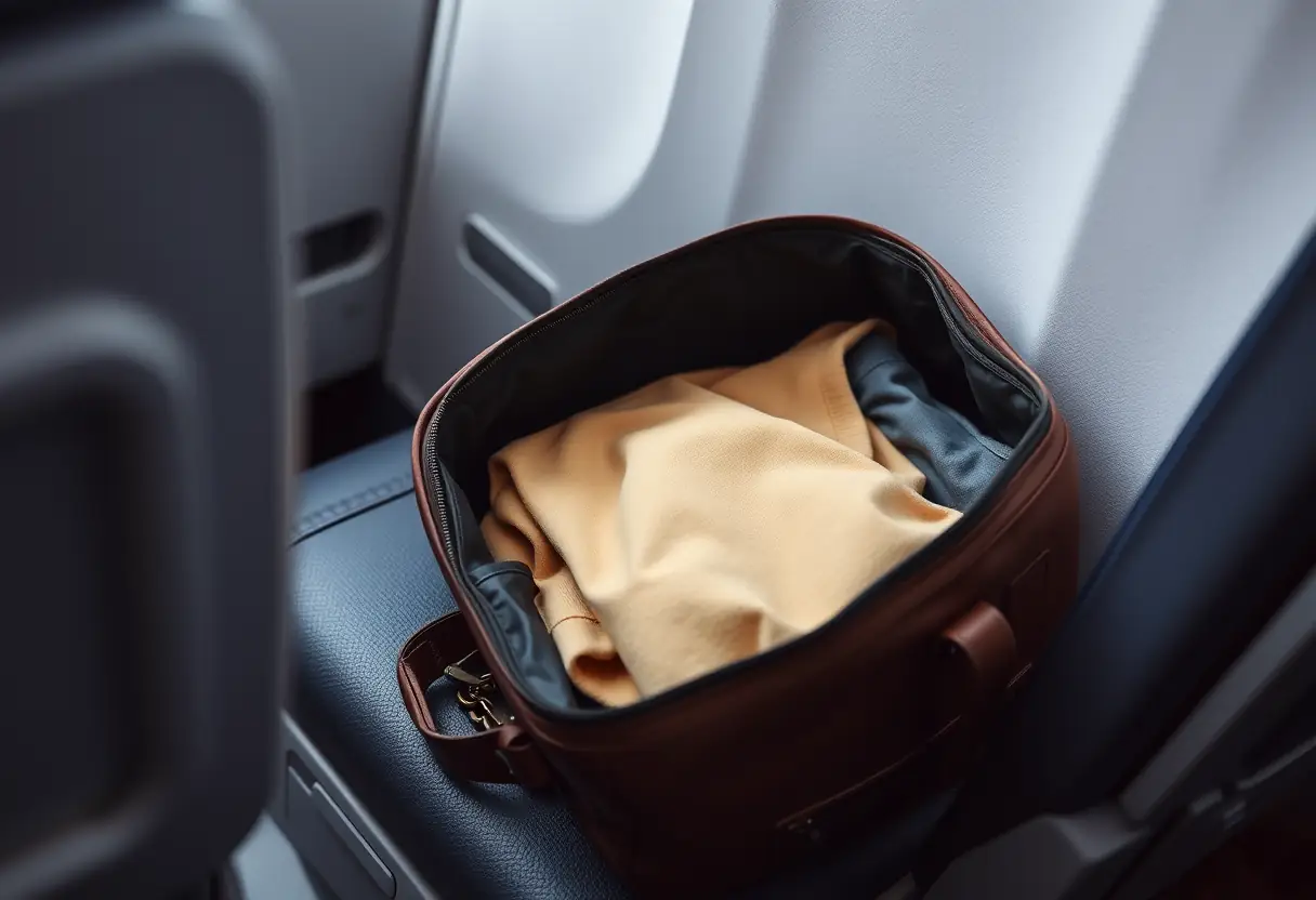 Un sac à dos cabine ouvert sur le siège d'un avion, révélant des vêtements soigneusement pliés