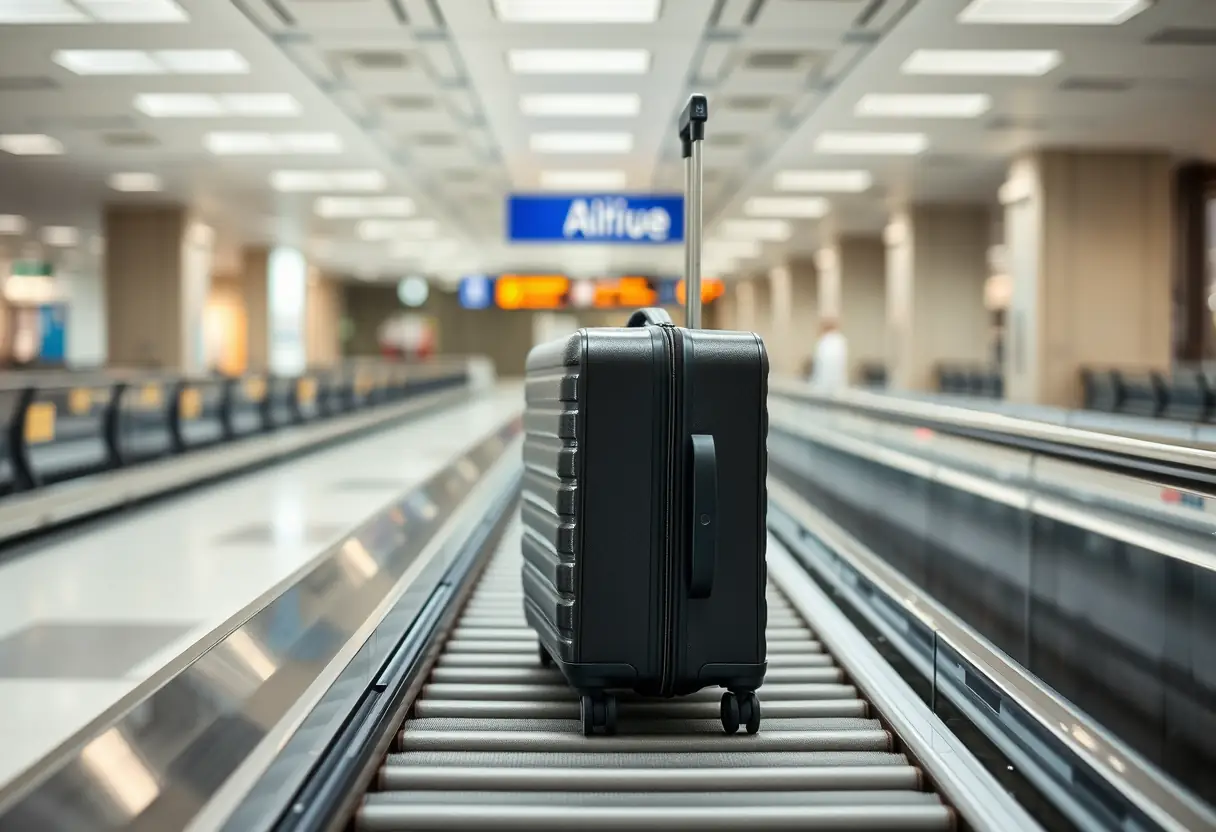 Un porte-manteau télescopique sortant d'une valise de taille moyenne sur un tapis transporteur à l'aéroport