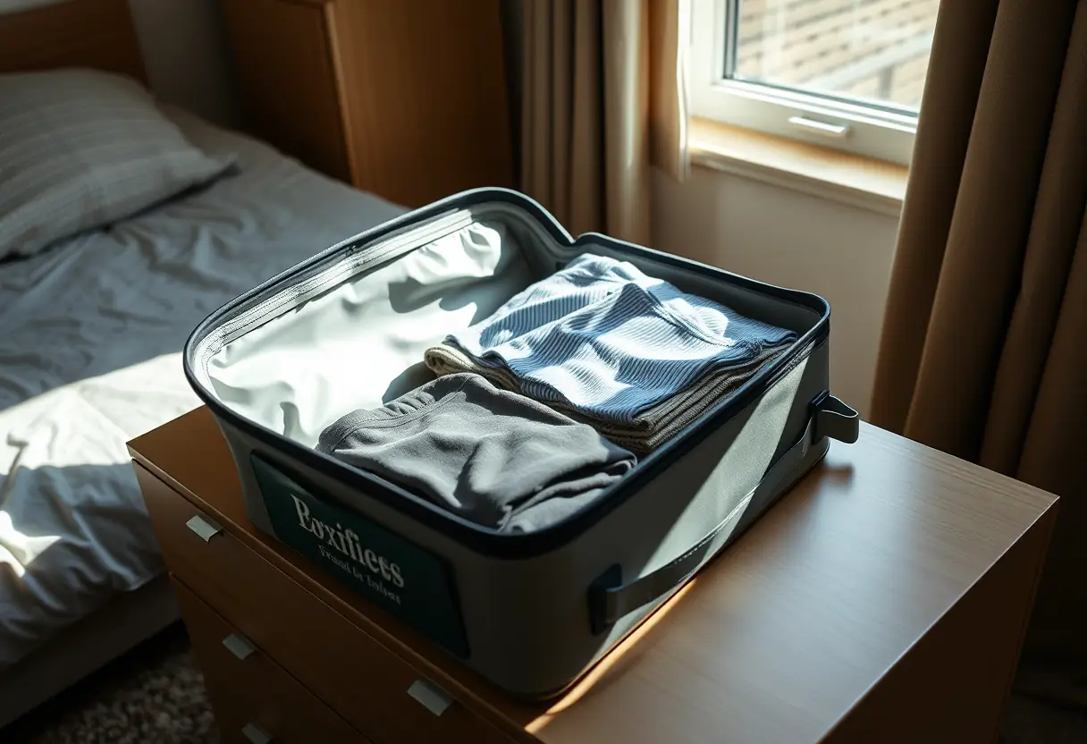 Un sac de voyage cabine rectangulaire ouvert sur un chevet de chambre, révélant des vêtements pliés avec soin à l'intérieur, la lumière du soleil qui filtre par une fenêtre voisine éclaire les contenus bien organisés