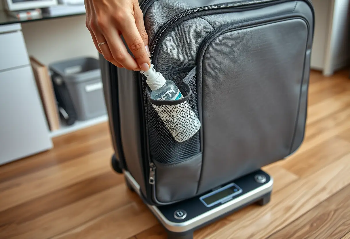 Une main qui plonge dans une poche en maille fixée sur le côté d'un sac de voyage cabine, tirant une petite bouteille de gel hydroalcoolique, le sac repose sur une balance de bagages sur le plancher d'un bureau à domicile