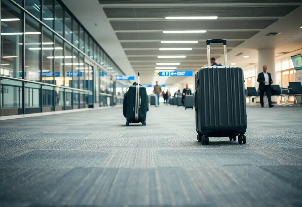 Des roues d'une valise de cabine tournant sur un tapis dans un terminal aéroportuaire