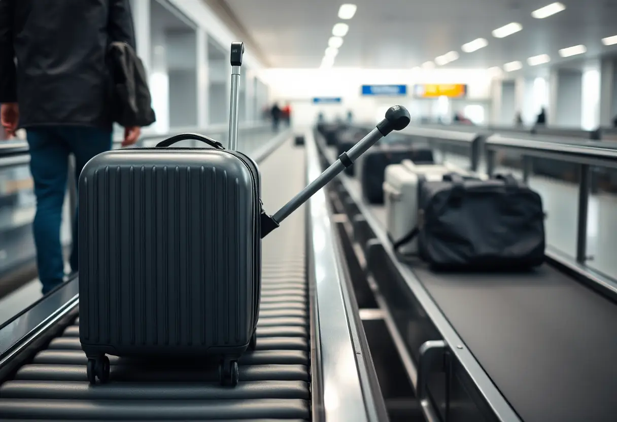 Un bouton de poignée télescopique sortant d'une valise cabine placée sur un tapis de transport à l'aéroport