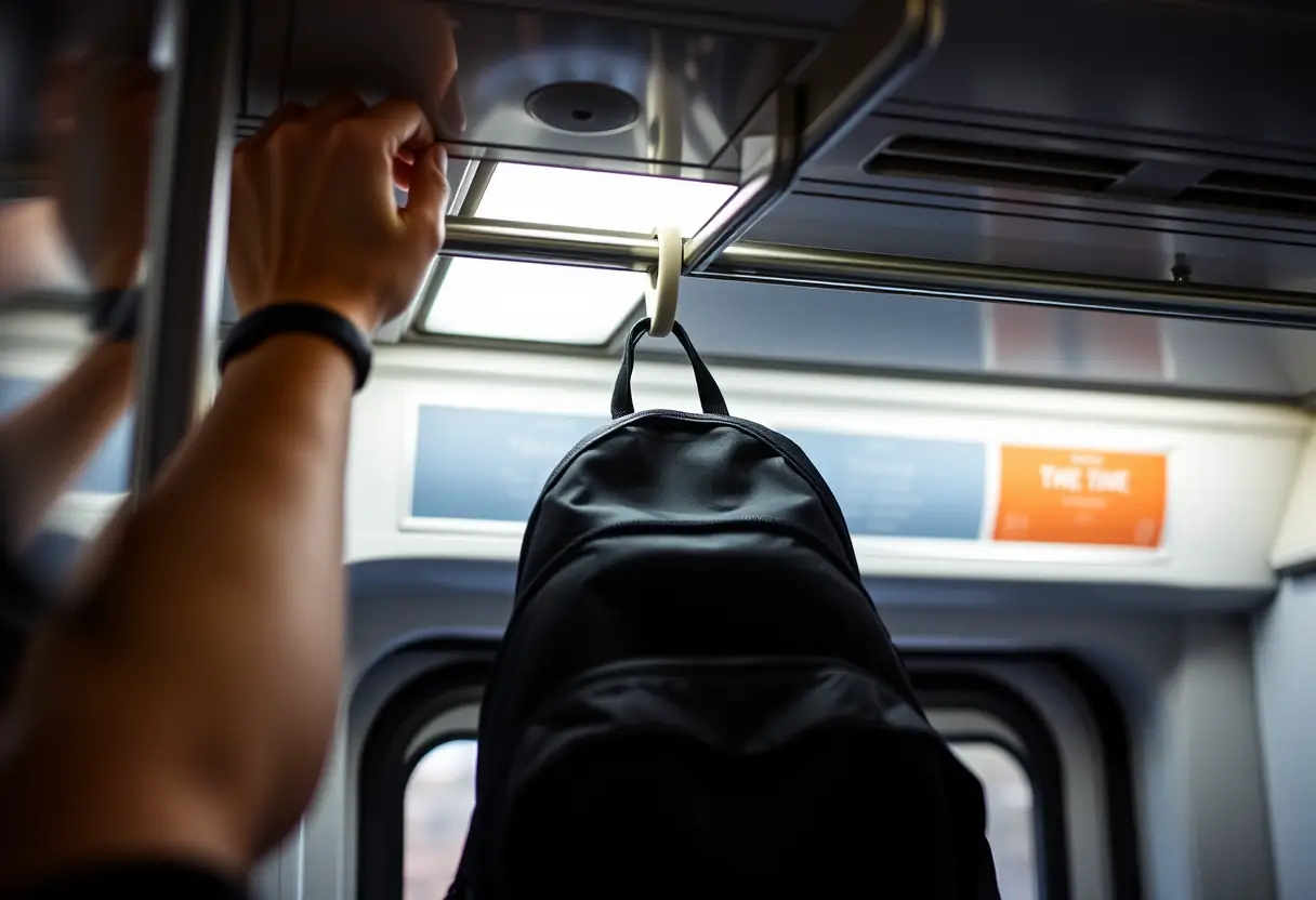 On place un petit sac à dos sur une étagère de compartiment de train.