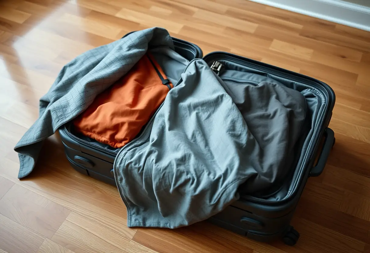 Une valise cabine souple complètement fermée et recouverte d'une couverture sur un plancher en bois dur.