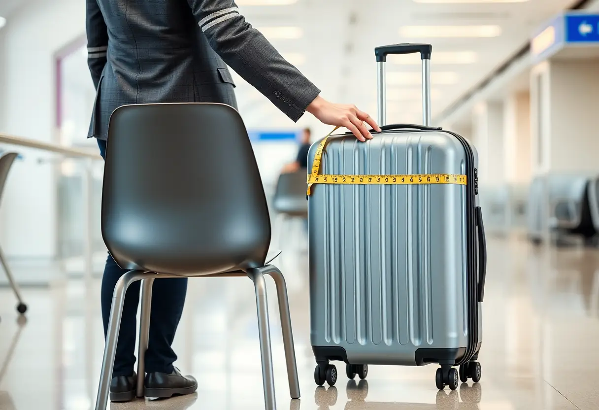 Une personne derrière une chaise en plastique dans une salle d'attente d'aéroport, leur main étendant un mètre étalon rétractable pour mesurer la largeur d'une valise cabine en coque rigide