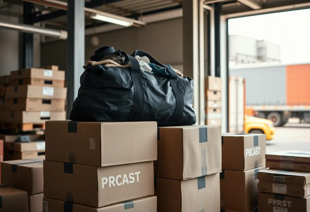 Un grand sac de sport rempli de vêtements repose sur des cartons empilés dans un entrepôt bondé