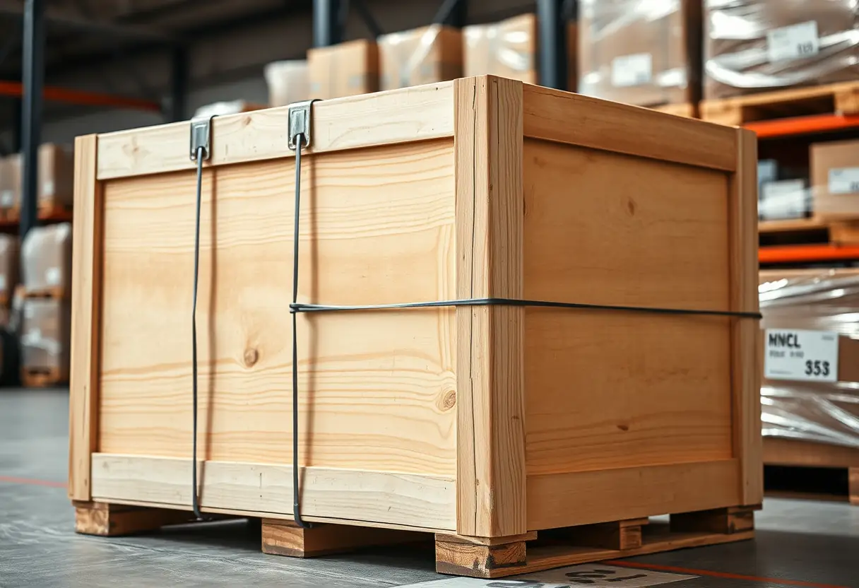 Un coffret en bois rectangulaire est scellé avec des bandes métalliques près d'une étiquette de livraison dans un entrepôt