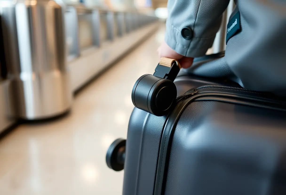 Un traceur de bagages posé près du tapis de récupération des bagages