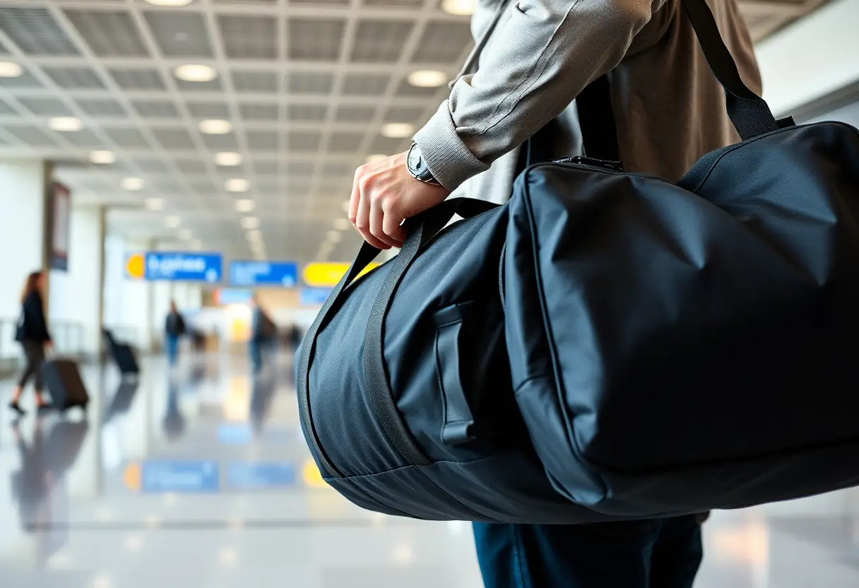 La main d'un voyageur ajustant les courroies d'un grand sac à dos dans un hall d'embarquement