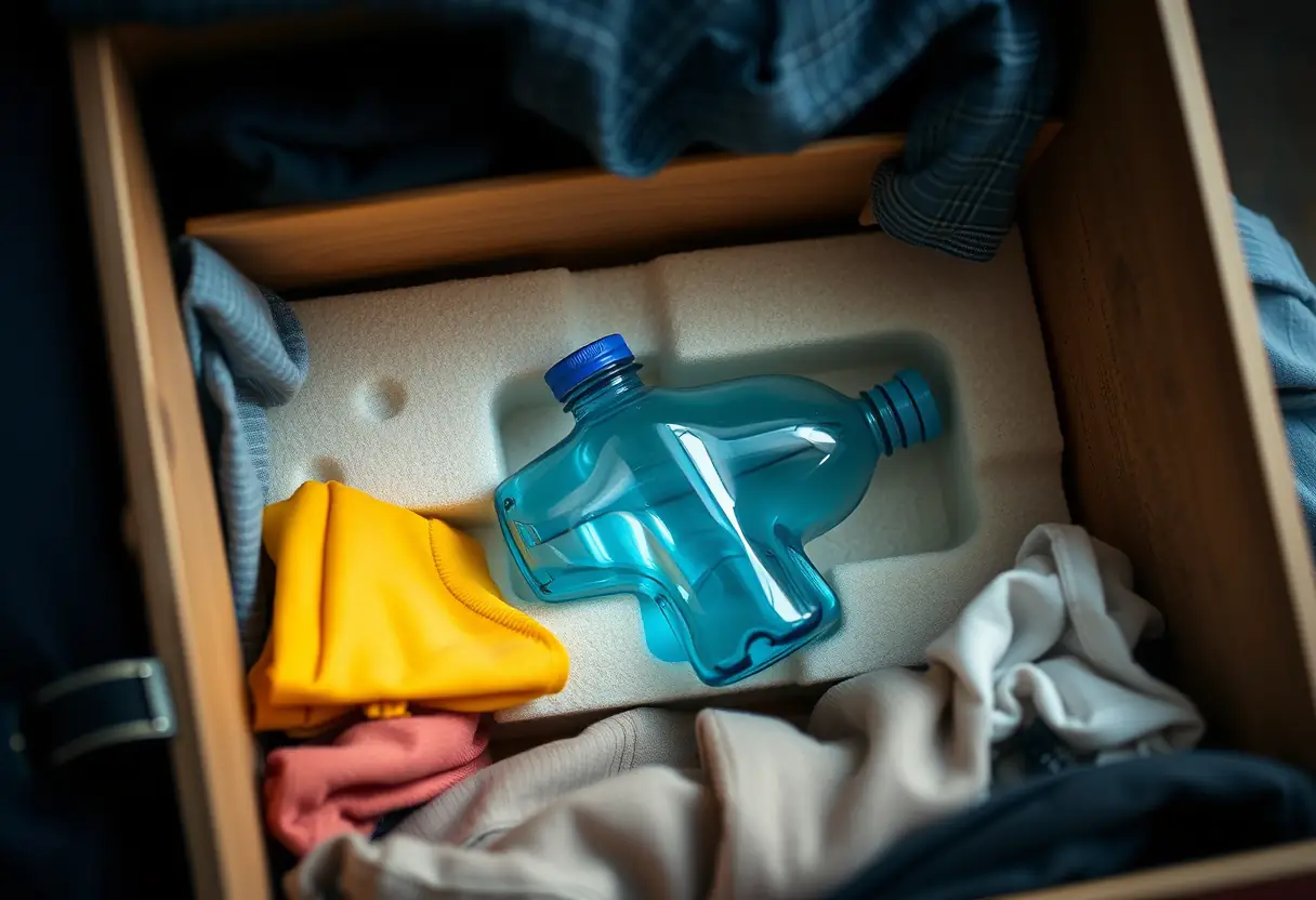 Un bocal en plastique niché dans un emballage rembourré, entouré de vêtements soigneusement pliés