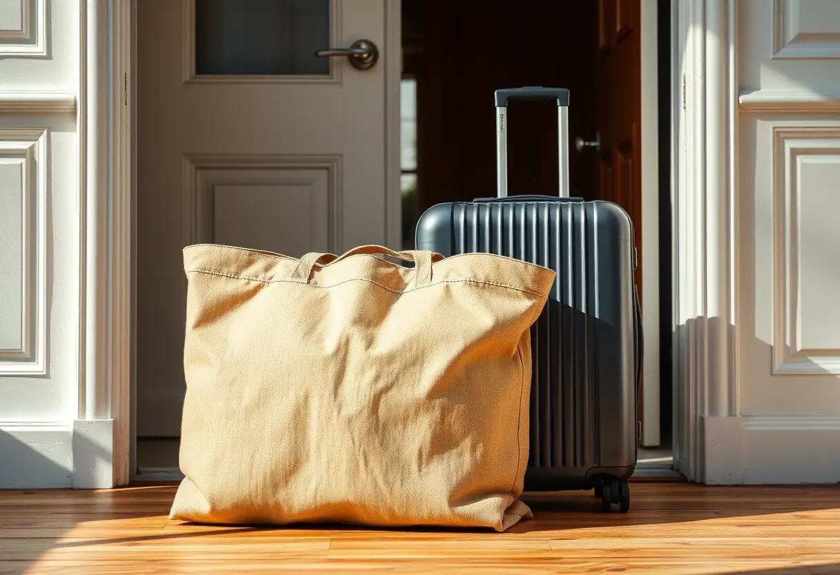 Un grand sac en toile placé à côté d'une valise sur le sol près de la porte d'entrée, prêt à être emmené lors d'un voyage