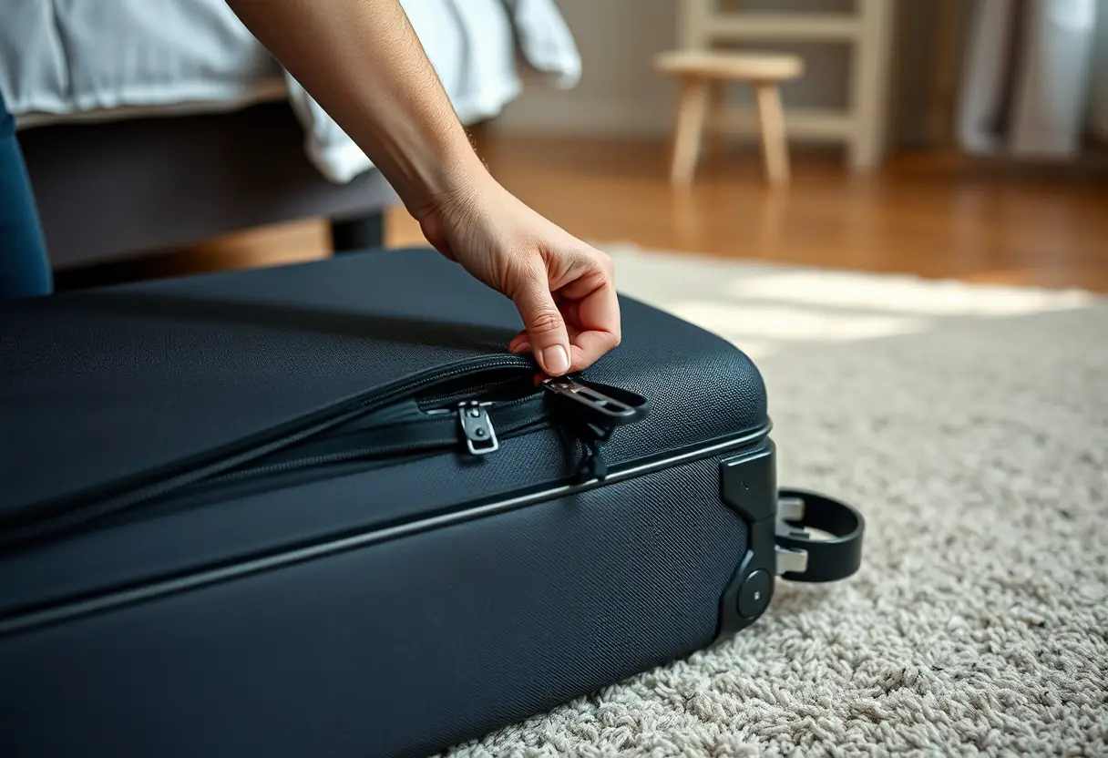 Une main refermant la fermeture éclair d'une valise posée sur le plancher d'une chambre, préparant pour un voyage
