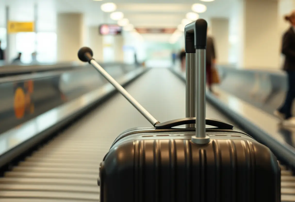 Un bouton de poignée télescopique d'une valise posée sur un tapis roulant de bagages