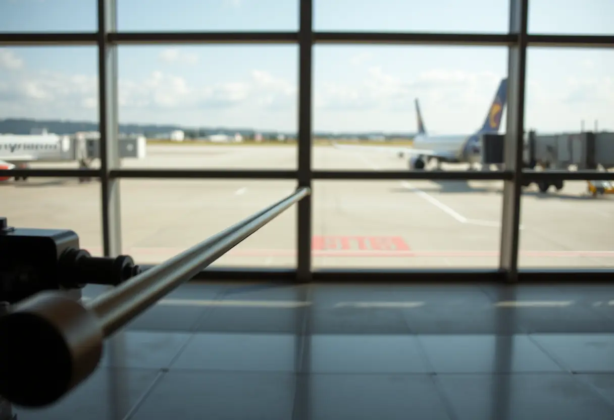 Un manche télescopique étendu sur la piste d'aéroport près du portillon