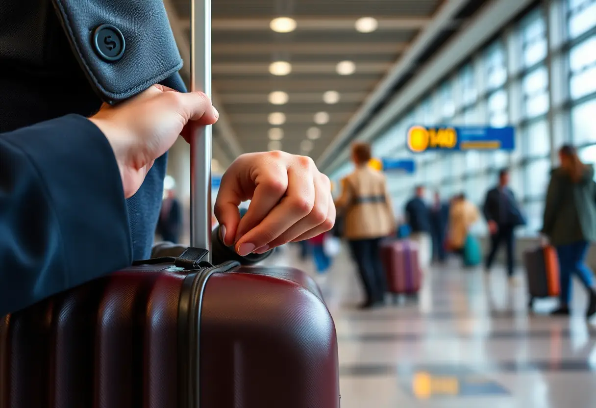 Une main refermant le zip d'une valise dans un terminal animé
