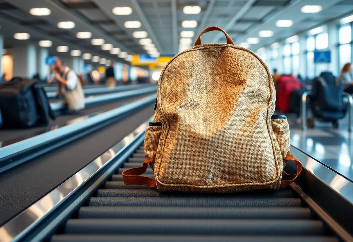Un sac à dos en toile reposant sur un tapis de transport dans un aéroport, le tapis se déplaçant légèrement tandis que d'autres bagages sont visibles aux côtés