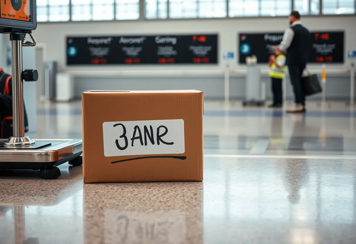 Une boîte cartonnée rectangulaire avec un étiquette manuscrite placée près d'une balance dans un aéroport, un employé vérifiant le poids à distance