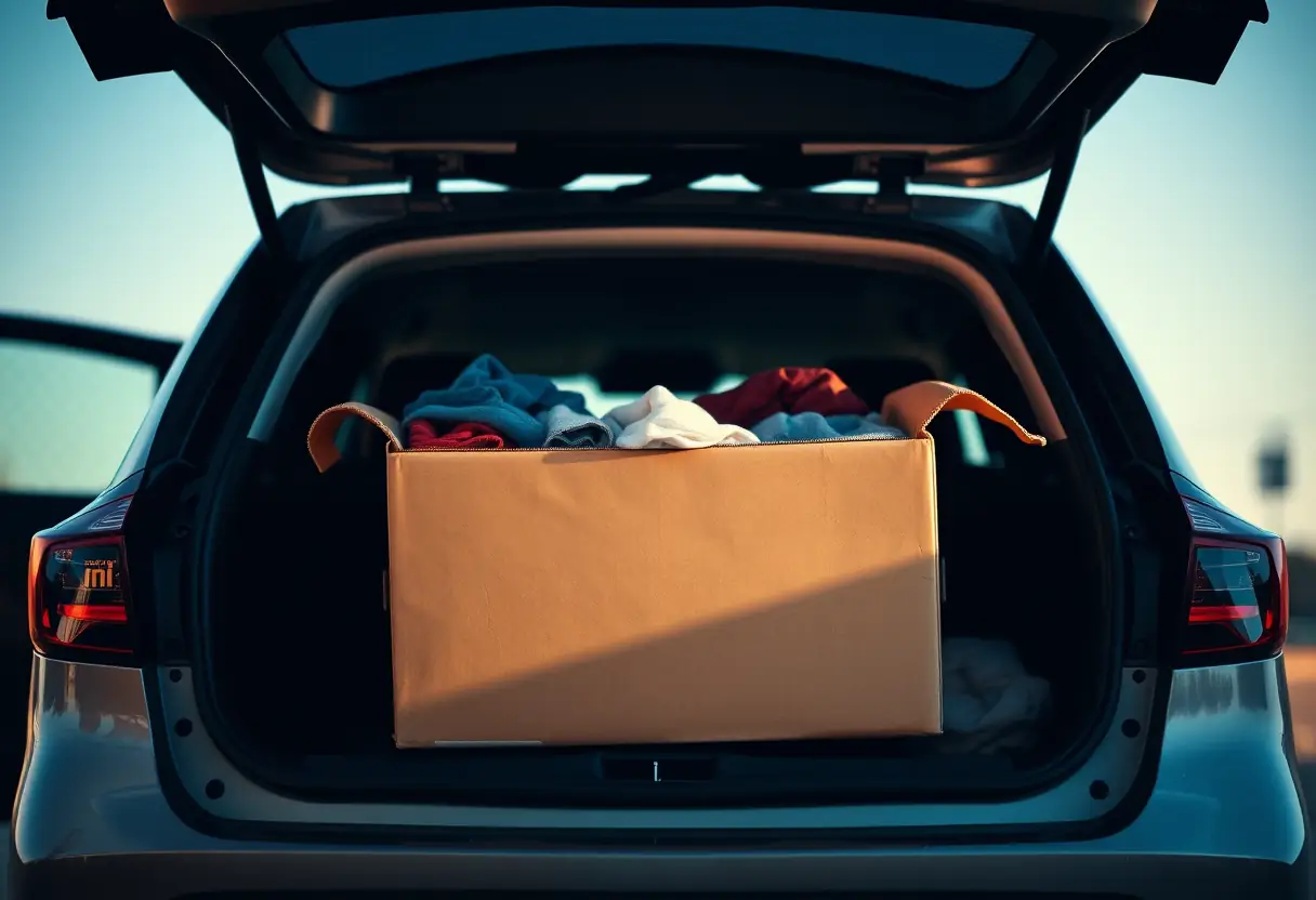 Un carton rectangulaire rempli de vêtements, fermé par un zip, repose contre la malle arrière d'une voiture tandis que deux personnes y chargent les bagages