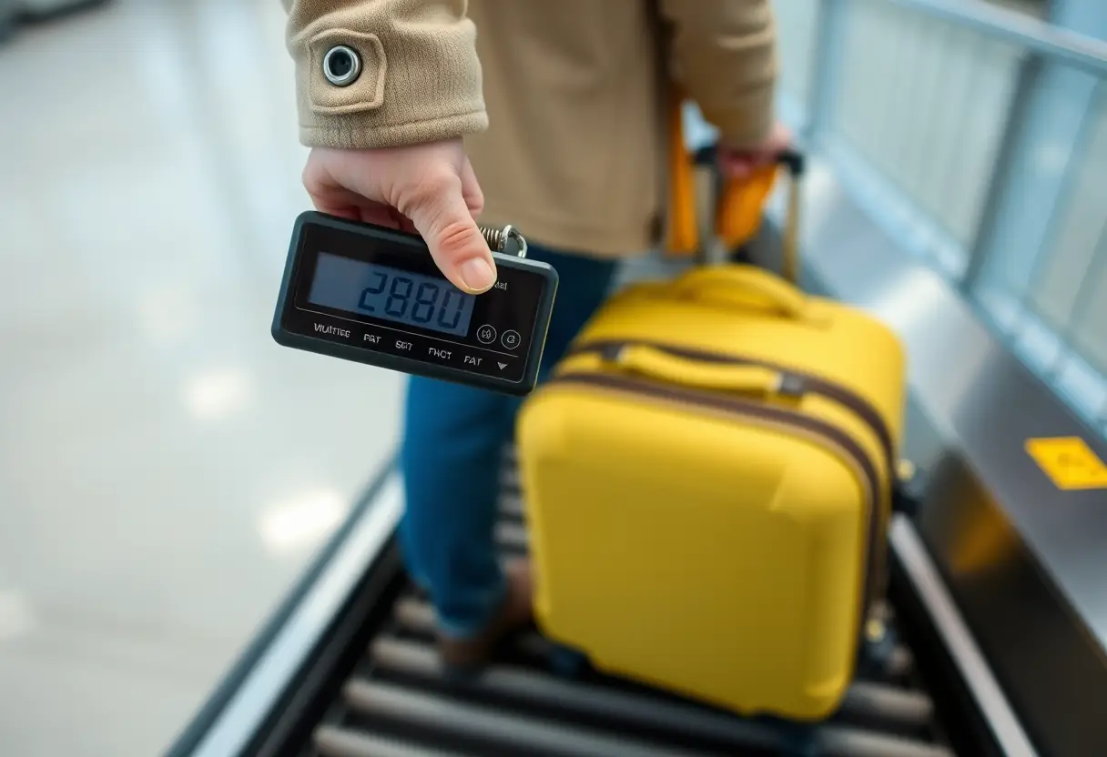Un homme tient un balance de bagages près d'une valise cabine sur un tapis de bagages