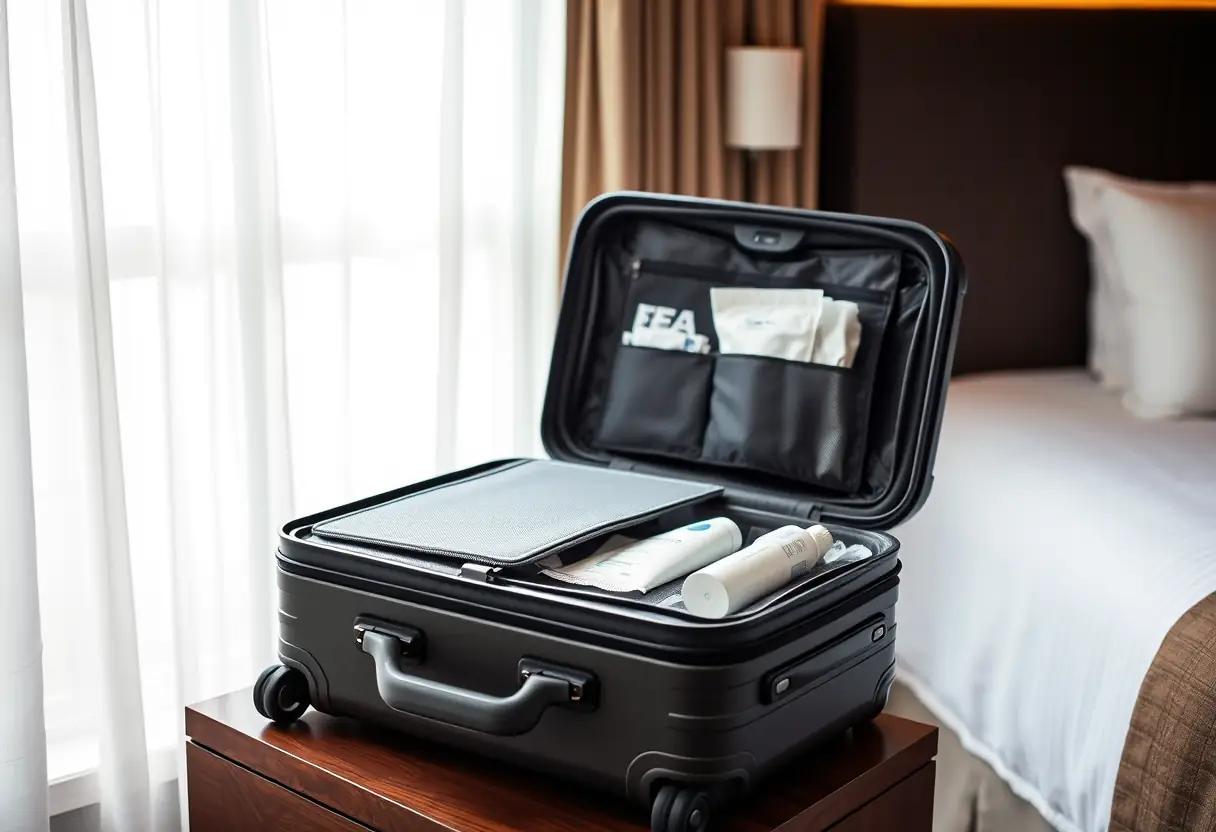 Une valise posée sur la table de chevet d'une chambre d'hôtel à côté d'un kit de toilette partiellement ouvert