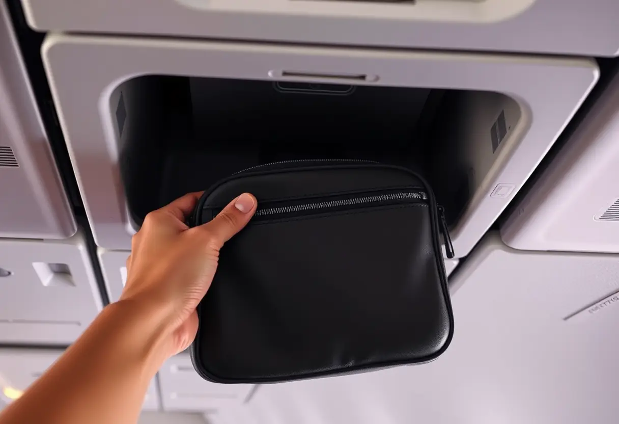 Une main glissant une petite valise cabine dans un sas de rangement en avion