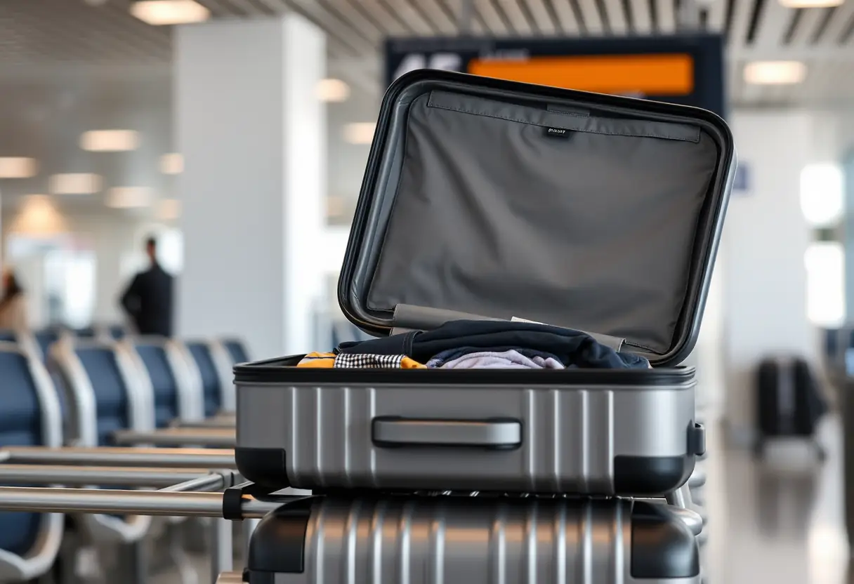 Une valise à coque en plastique dur est ouverte sur un porte-bagages dans une zone d'embarquement, révélant des vêtements pliés avec soin.