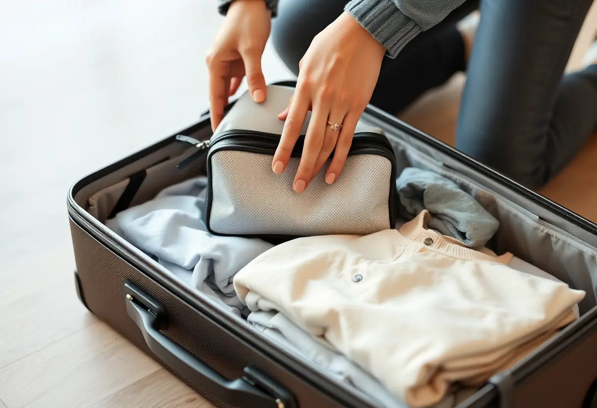 On observe une paire de mains qui place un sac de toilette dans une valise ouverte à moitié, celle-ci contenant des vêtements pliés avec soin.