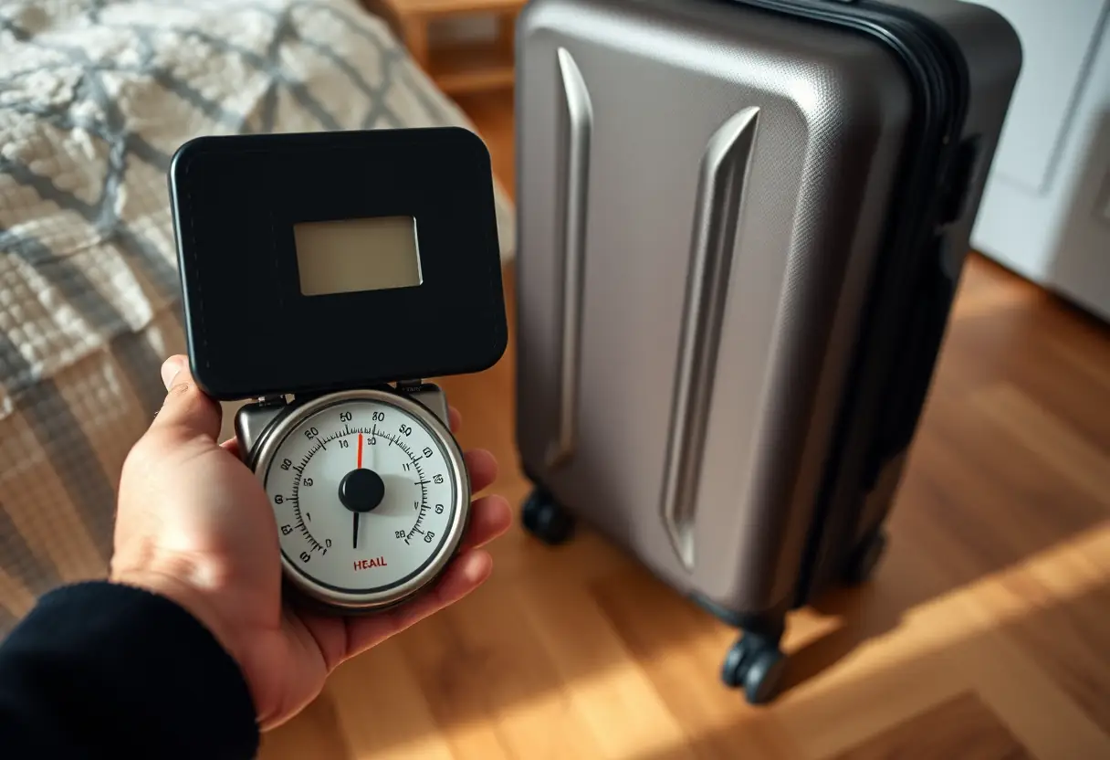 Une main ajuste le cadran d'un échelle de bagages portatif qui mesure le poids d'une valise entièrement fermée et debout sur un plancher de chambre