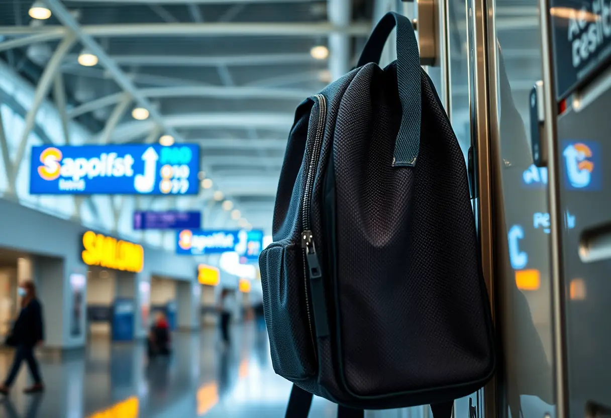 Un sac à dos en toile de nylon accroché à un crochet métallique dans une salle d'attente d'aéroport