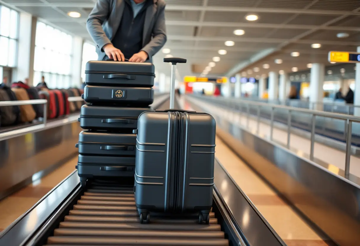 Un voyageur arrange plusieurs valises rigides sur un tapis de convoyeur à la sortie des bagages d'un aéroport