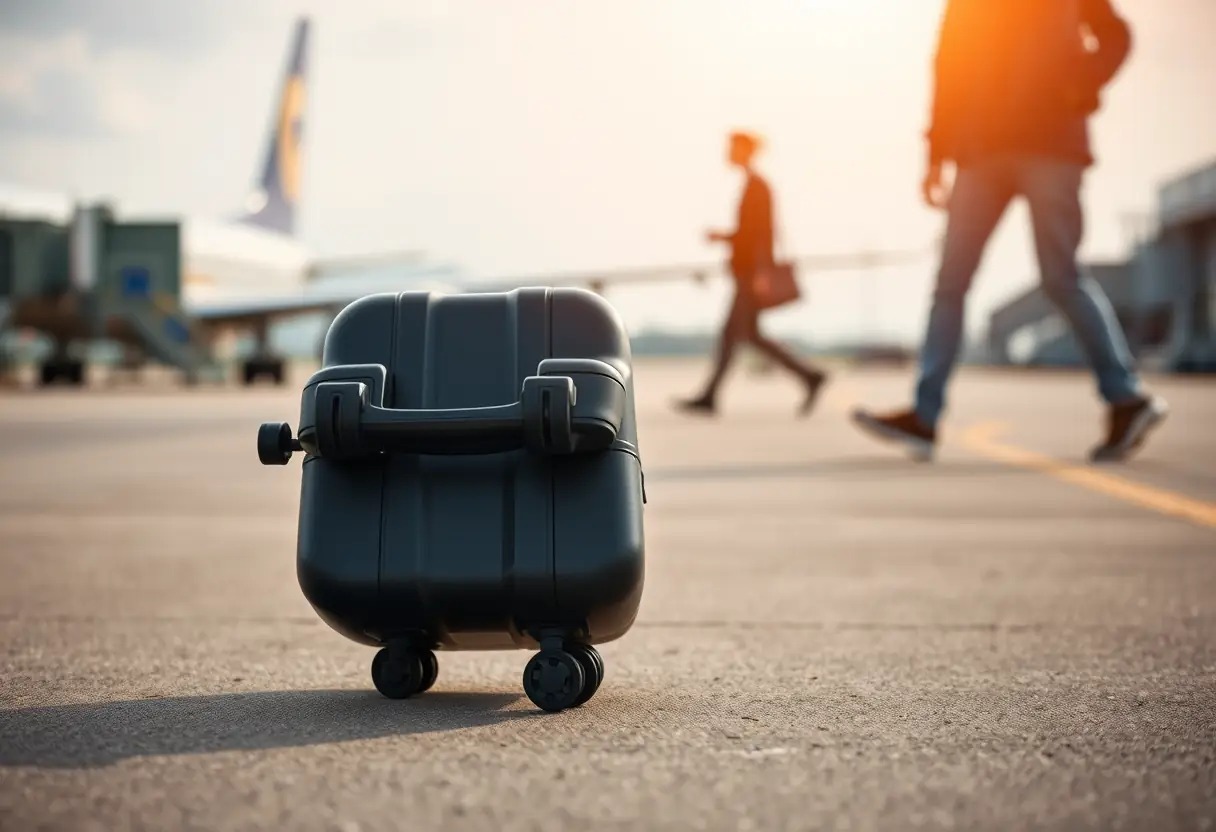 Des roues de valise roulent sur l'aérogare d'un aéroport, la valise étant au bord des dimensions autorisées, une silhouette floue se trouve en arrière-plan