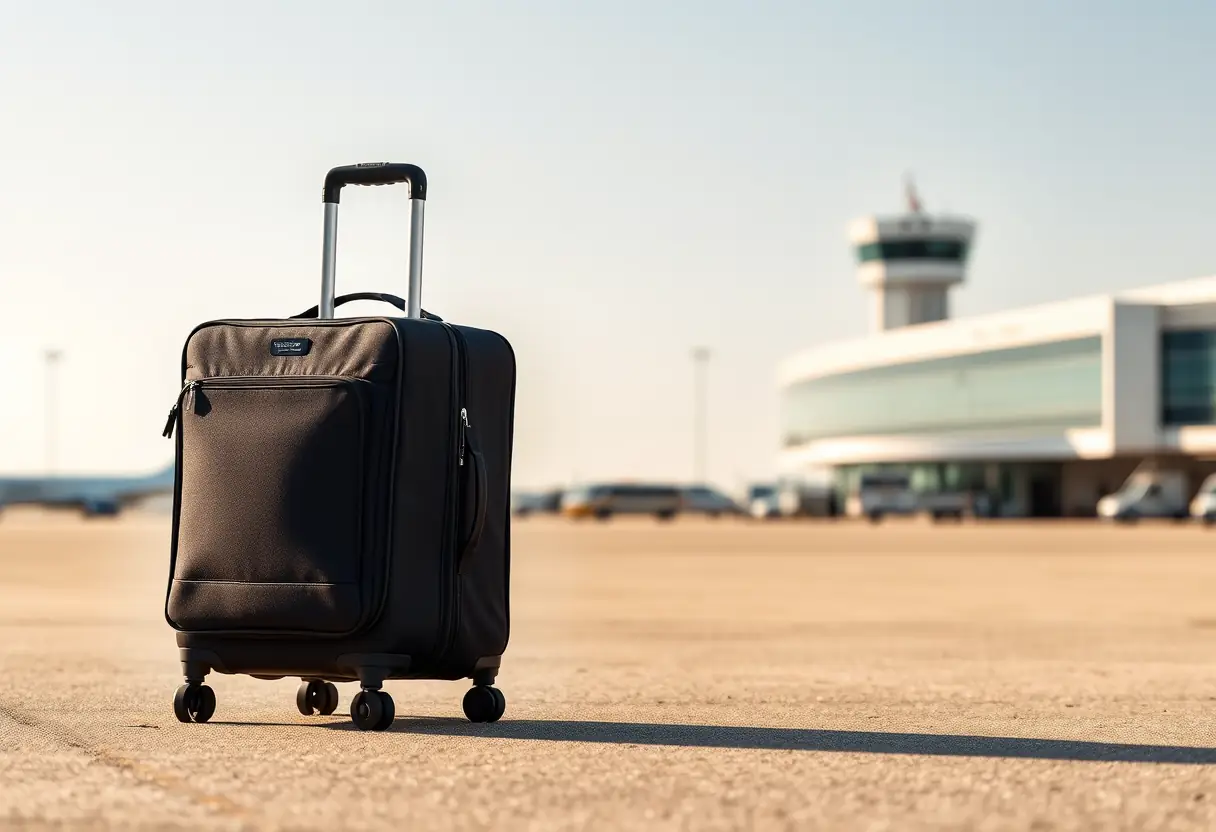 Un sac cabine posé sur le béton de l'aéroport avec son manche télescopique tendu vers un terminal lointain