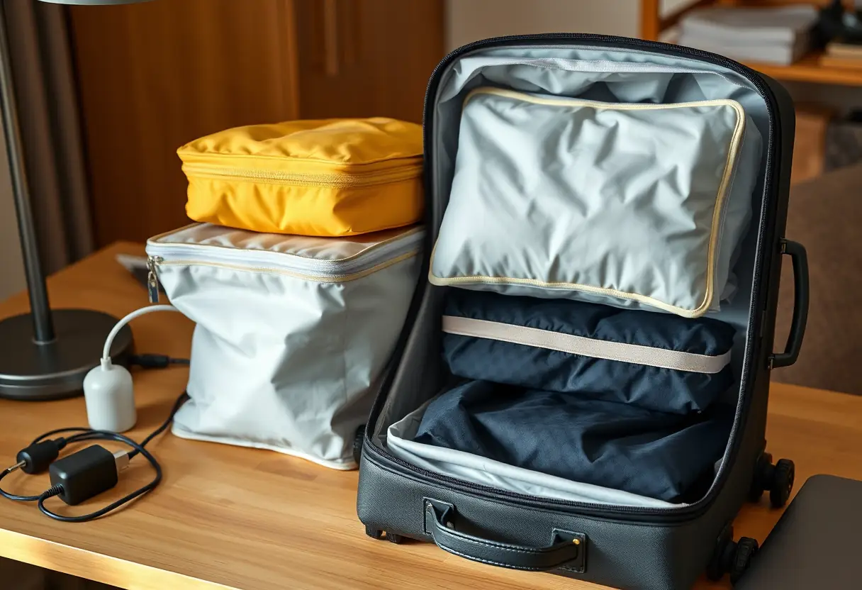 Des cubes de rangement bien organisés à l'intérieur d'une valise sur un bureau domestique