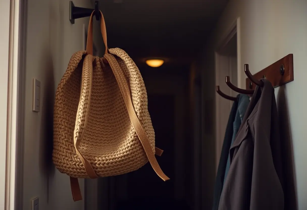 Un sac à dos en toile accroché à un crochet dans un couloir sombre