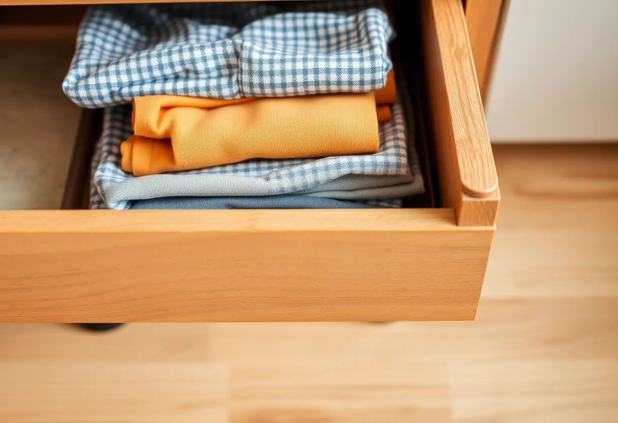 Un tiroir en bois fermé contenant des vêtements pliés, le tiroir entrouvert révèle les habits soigneusement rangés