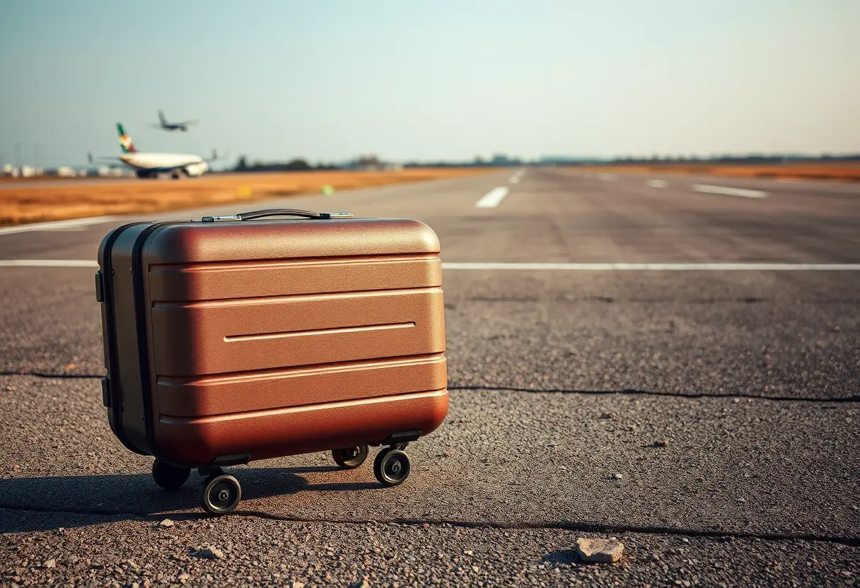 Un sac à dos dont les roues tournent sur un revêtement rugueux près de la piste d'un aéroport, avec un avion qui prend son envol à l'horizon
