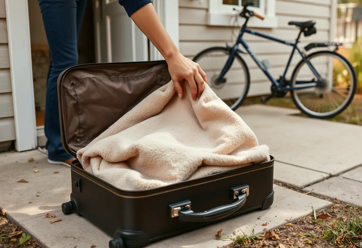 Une main placée une couverture pliée dans un sac posé ouvert sur le sol devant une maison, à côté d'un vélo