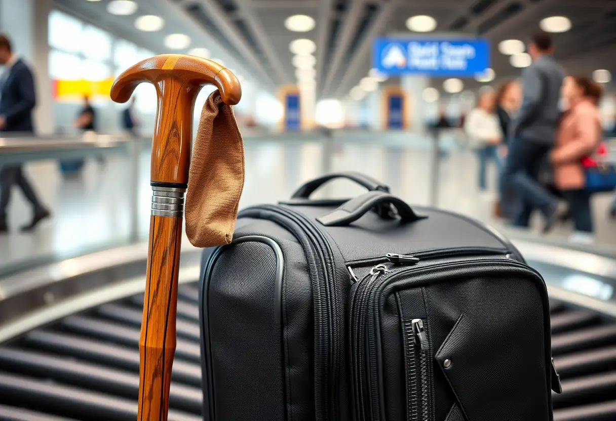Un bâton de marche en bois appuyé contre un bagage cabine sur un tapis de bagages à l'aéroport