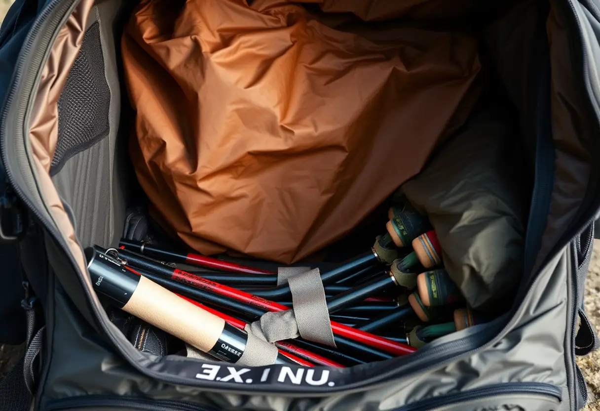 Un sac de voyage ouvert montrant plusieurs bâtons de marche enveloppés dans du tissu à la base