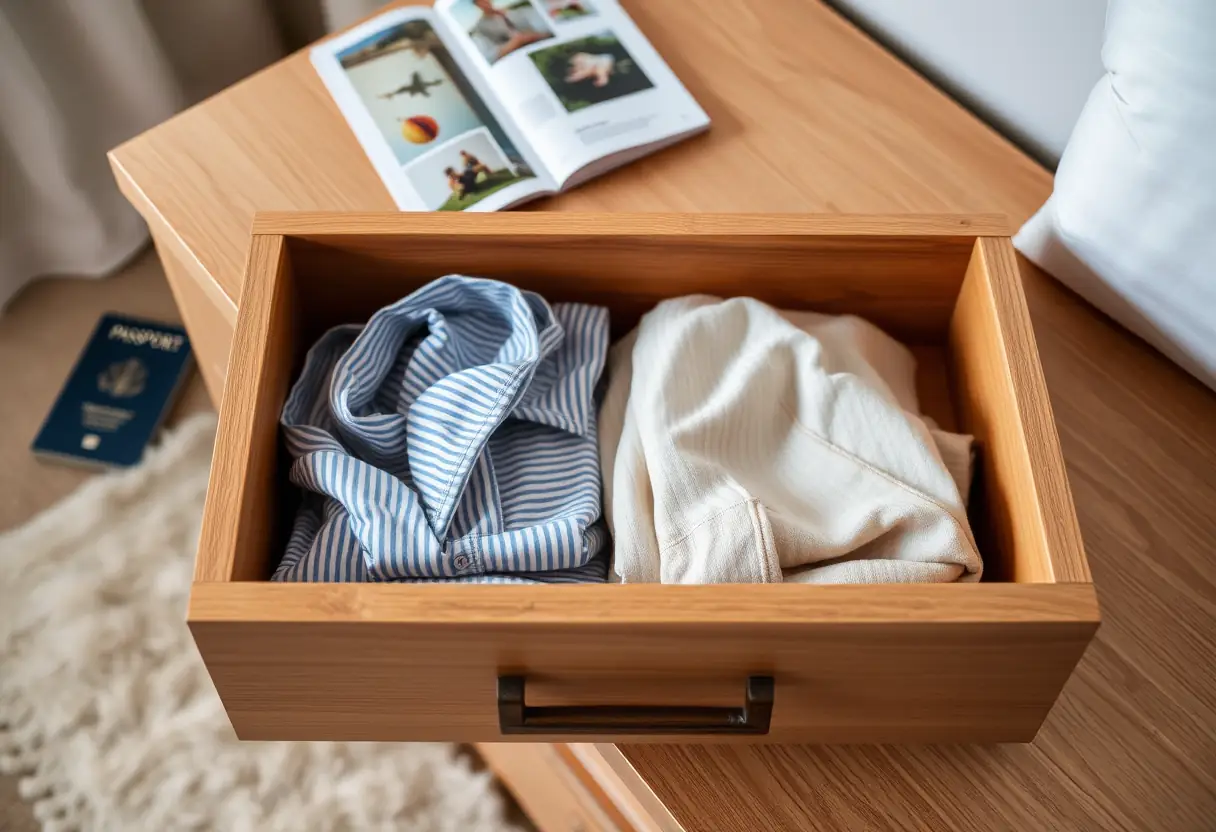 Un tiroir en bois fermé contenant des vêtements pliés avec soin, posé sur un meuble de chevet dans une chambre à coucher