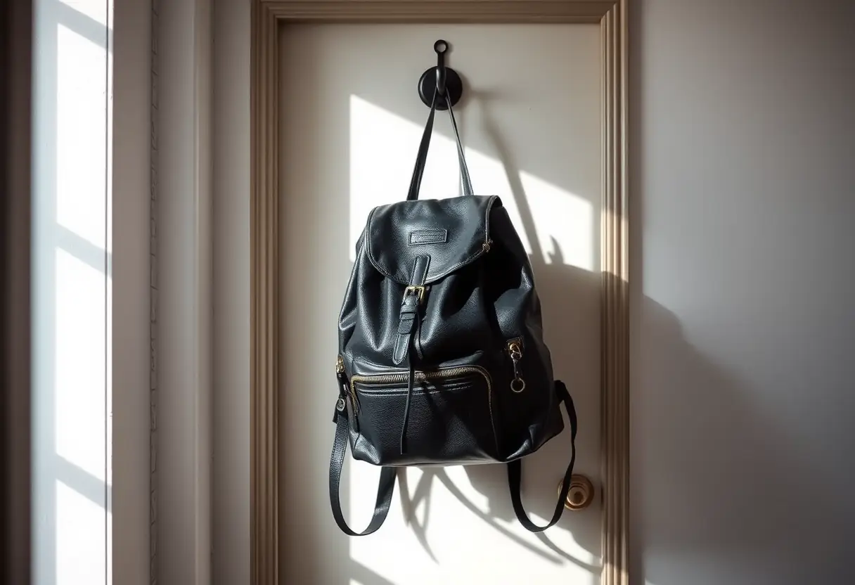 Un sac à dos en cuir noir accroché à un porte-manteau près d'une porte, ses sangles entourant le crochet