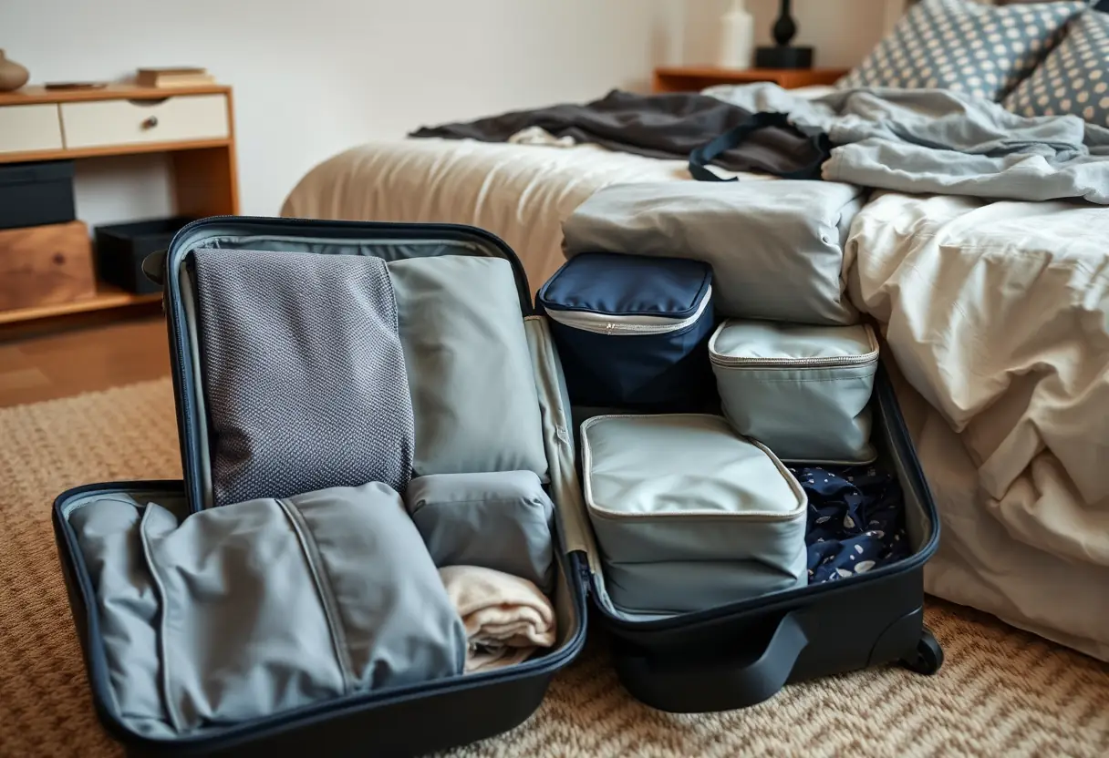 Des cubes de rangement bien organisés à l'intérieur d'une valise ouverte sur un plancher de chambre à coucher