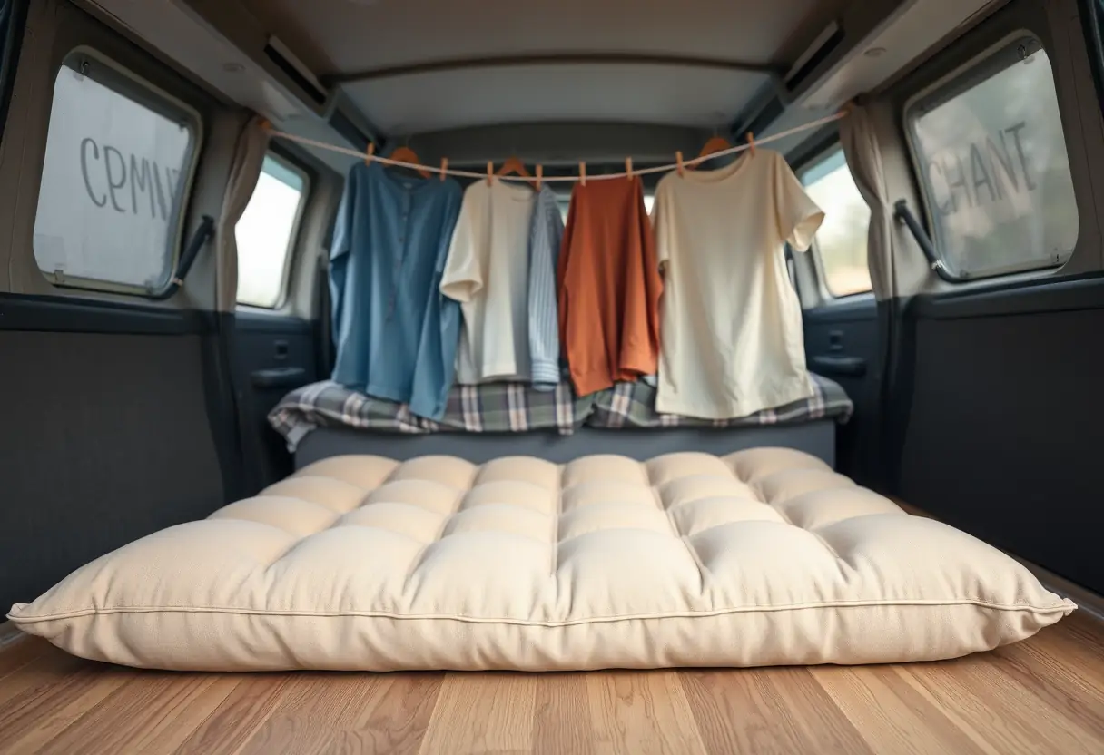 Un coussin doux et volumineux posé sur le plancher d'un camping-car, des vêtements suspendus avec soin sur une corde à linge portable derrière lui