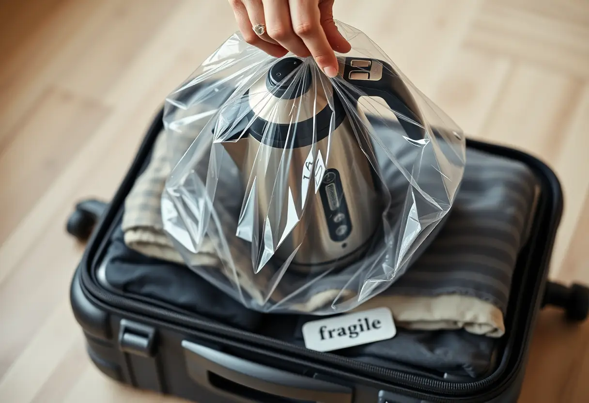 Une main tenant une bouilloire électrique dans un sac en plastique translucide posé sur une valise soigneusement rangée, avec une étiquette indiquant "fragile"